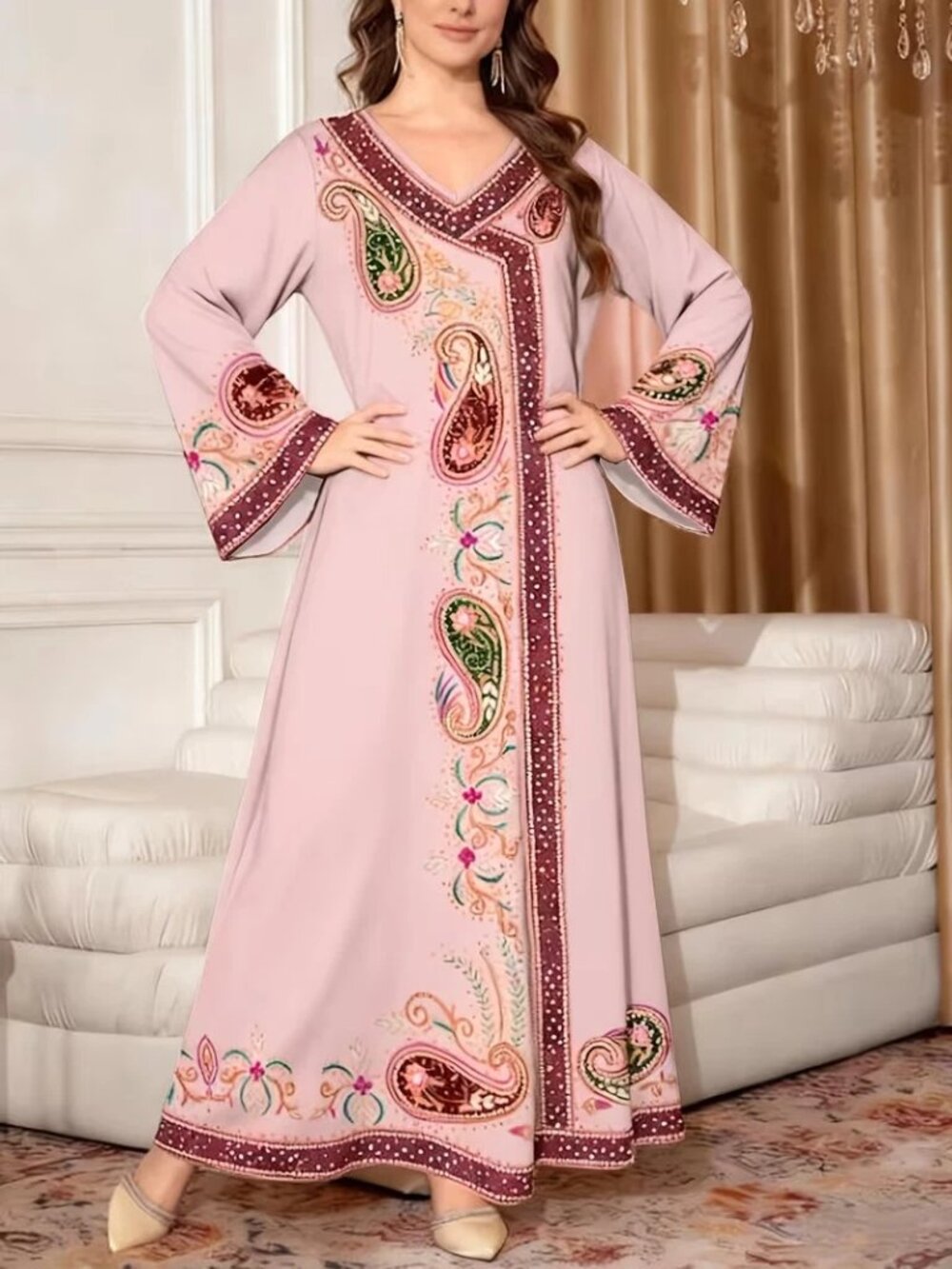 Women Dress Middle Eastern Robe Spring Summer Fashion Ethnic Print Size Plus 2XL - Picture 5 of 12